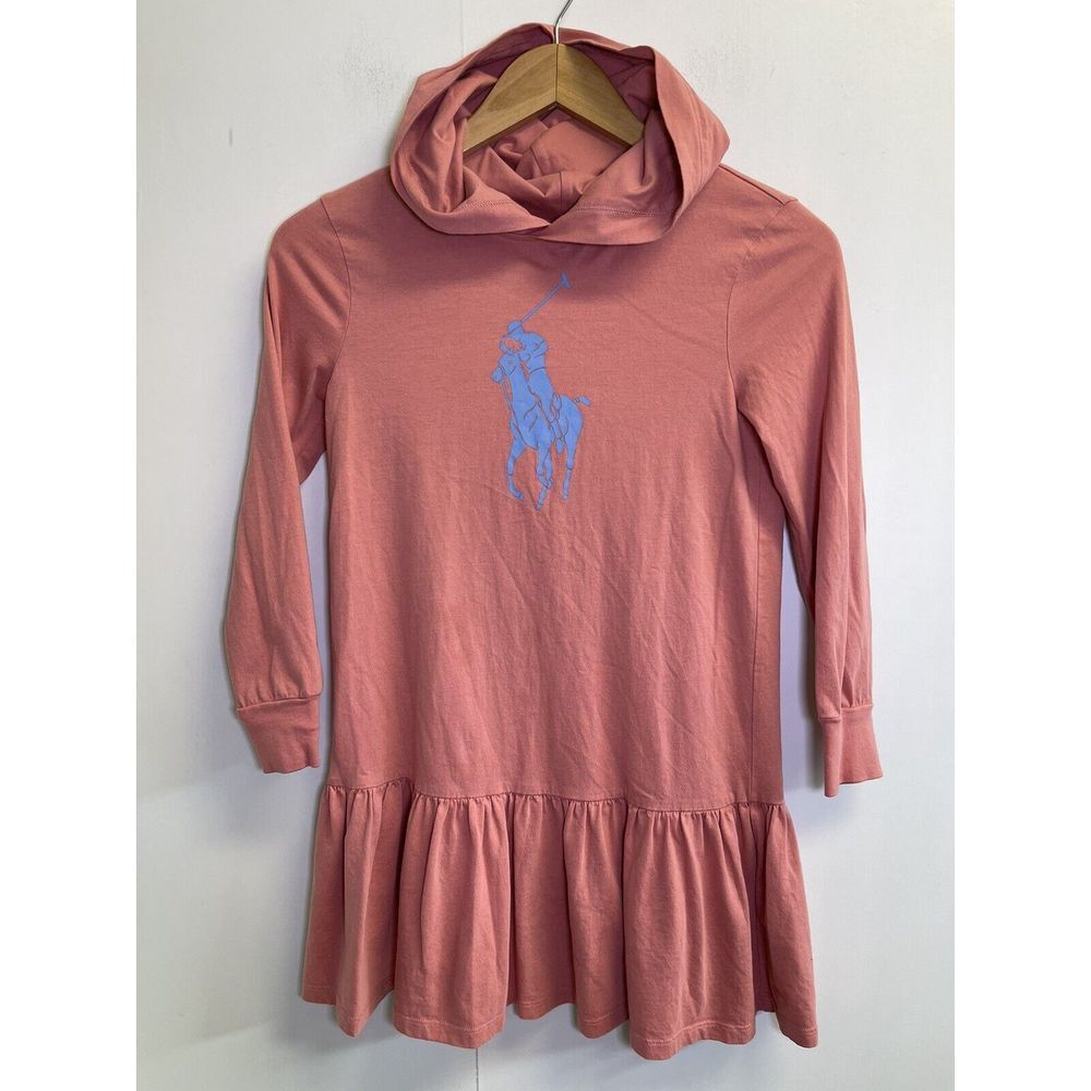 Polo Ralph Lauren Hooded Dress Girls M 8-10 Pink Big Pony Ruffled Hem Long Sleev
